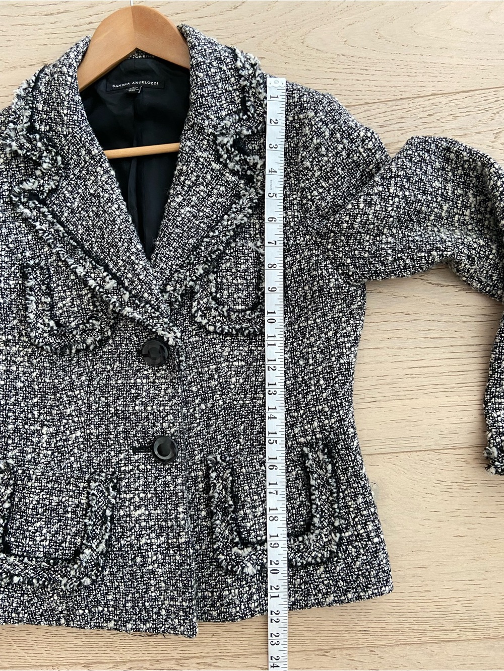 SANDRA ANGELOZZI Wool Blend Tweed Blazer Black White Tailored Jacket US 8 EUC - Picture 9 of 9